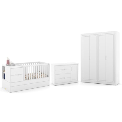 Dormitório Completo Infantil Tutto New 4 Portas, Cômoda, Berço Multifuncional Formare Branco Soft e Colchões D18 e D33 - Matic Móveis 