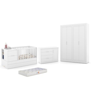 Dormitório Completo Infantil Tutto New 4 Portas, Cômoda, Berço Multifuncional Formare e Colchão D18 Branco Soft - Matic Móveis