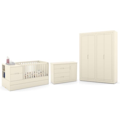 Dormitório Completo Infantil Tutto New 4 Portas, Cômoda, Berço Multifuncional Formare Off White e Colchões D18 e D33 - Matic Móveis 