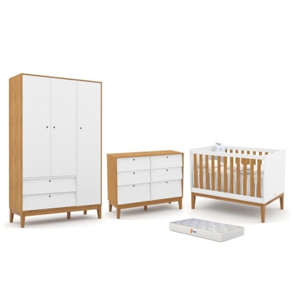 Dormitório Completo Infantil Unique 3 Portas, Cômoda 6 Gavetas, Berço Branco Soft/Freijó/Eco Wood e Colchão - Matic Móveis 