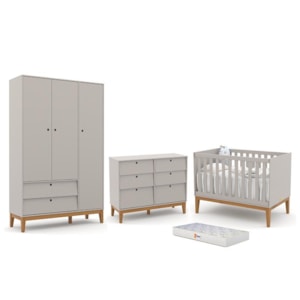 Dormitório Completo Infantil Unique 3 Portas, Cômoda 6 Gavetas, Berço Cinza/Eco Wood e Colchão - Matic Móveis 