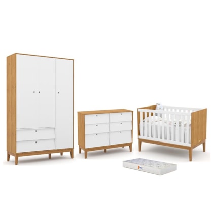 Dormitório Completo Infantil Unique 3 Portas, Cômoda 6 Gavetas, Berço Freijó/Branco Soft/Eco Wood e Colchão - Matic Móveis 