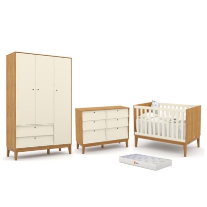 Dormitório Completo Infantil Unique 3 Portas, Cômoda 6 Gavetas, Berço Freijó/Off White/Eco Wood e Colchão - Matic Móveis 