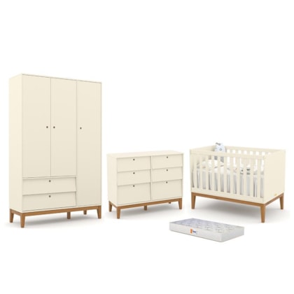 Dormitório Completo Infantil Unique 3 Portas, Cômoda 6 Gavetas, Berço Off White/Eco Wood e Colchão - Matic Móveis 