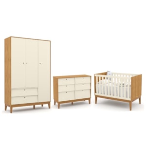 Dormitório Completo Infantil Unique 3 Portas, Cômoda 6 Gavetas e Berço Freijó/Off White/Eco Wood - Matic Móveis 