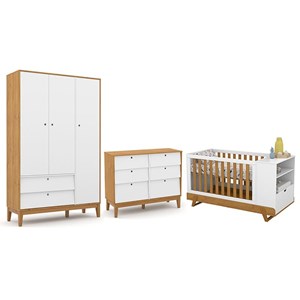 Dormitório Completo Infantil Unique 3 Portas, Cômoda 6 Gavetas e Berço Multifuncional BKids Branco Soft/Freijó - Matic Móveis 