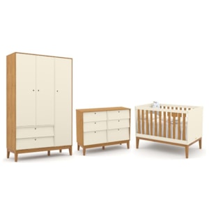 Dormitório Completo Infantil Unique 3 Portas, Cômoda 6 Gavetas e Berço Off White/Freijó/Eco Wood - Matic Móveis 