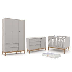 Dormitório Completo Infantil Unique 3 Portas, Cômoda com Porta, Berço Cinza/Eco Wood e Colchão - Matic Móveis 