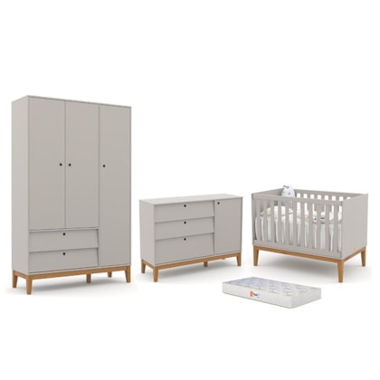 Dormitório Completo Infantil Unique 3 Portas, Cômoda com Porta, Berço Cinza/Eco Wood e Colchão - Matic Móveis 