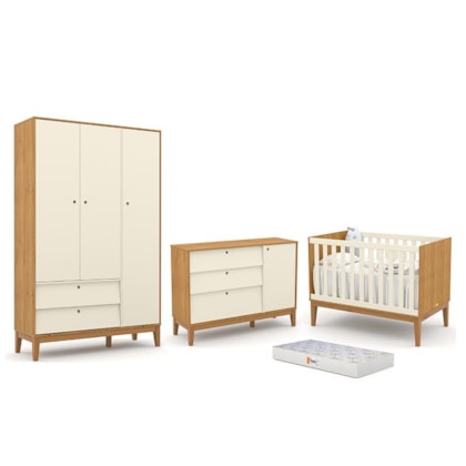 Dormitório Completo Infantil Unique 3 Portas, Cômoda com Porta, Berço Freijó/Off White/Eco Wood e Colchão - Matic Móveis 