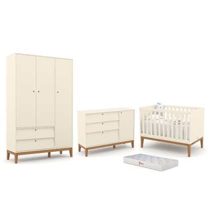 Dormitório Completo Infantil Unique 3 Portas, Cômoda com Porta, Berço Off White/Eco Wood e Colchão - Matic Móveis 