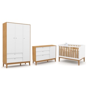 Dormitório Completo Infantil Unique 3 Portas, Cômoda com Porta e Berço Branco Soft/Freijó/Eco Wood - Matic Móveis 