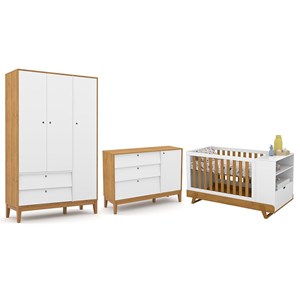 Dormitório Completo Infantil Unique 3 Portas, Cômoda com Porta e Berço Multifuncional BKids Branco Soft/Freijó - Matic Móveis 