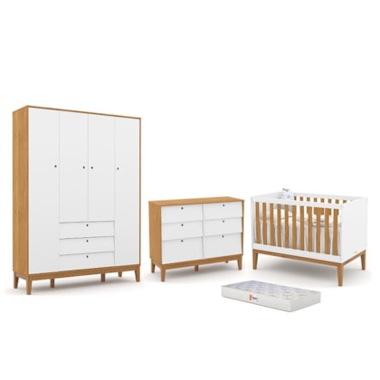 Dormitório Completo Infantil Unique 4 Portas, Cômoda 6 Gavetas, Berço Branco Soft/Freijó/Eco Wood e Colchão - Matic Móveis 