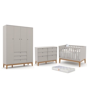 Dormitório Completo Infantil Unique 4 Portas, Cômoda 6 Gavetas, Berço Cinza/Eco Wood e Colchão - Matic Móveis 