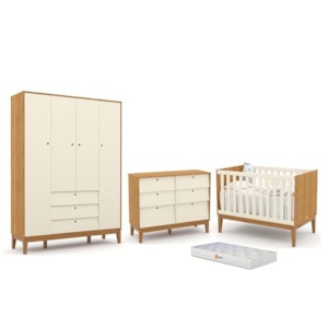 Dormitório Completo Infantil Unique 4 Portas, Cômoda 6 Gavetas, Berço Freijó/Off White/Eco Wood e Colchão - Matic Móveis 