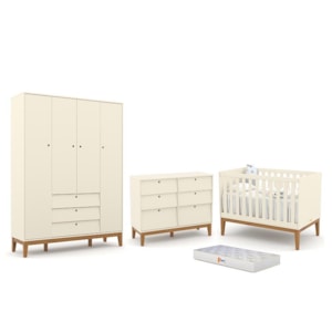 Dormitório Completo Infantil Unique 4 Portas, Cômoda 6 Gavetas, Berço Off White/Eco Wood e Colchão - Matic Móveis 