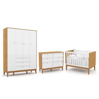 Dormitório Completo Infantil Unique 4 Portas, Cômoda 6 Gavetas e Berço Freijó/Branco Soft/Eco Wood - Matic Móveis 