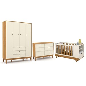 Dormitório Completo Infantil Unique 4 Portas, Cômoda 6 Gavetas e Berço Multifuncional BKids Off White/Freijó - Matic Móveis 