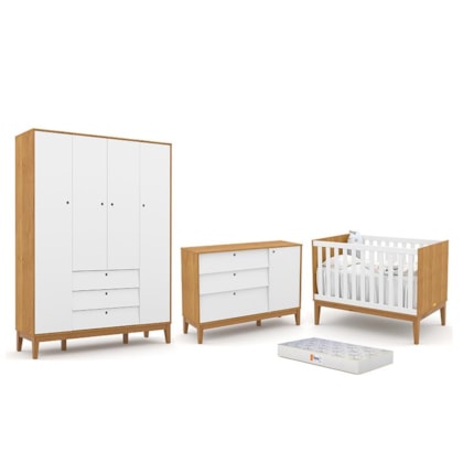 Dormitório Completo Infantil Unique 4 Portas, Cômoda com Porta, Berço Freijó/Branco Soft/Eco Wood e Colchão - Matic Móveis 