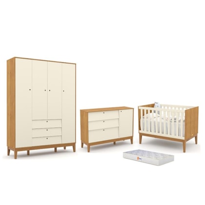 Dormitório Completo Infantil Unique 4 Portas, Cômoda com Porta, Berço Freijó/Off White/Eco Wood e Colchão - Matic Móveis 