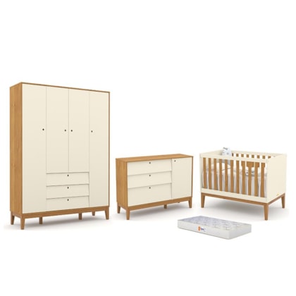 Dormitório Completo Infantil Unique 4 Portas, Cômoda com Porta, Berço Off White/Freijó/Eco Wood e Colchão - Matic Móveis 