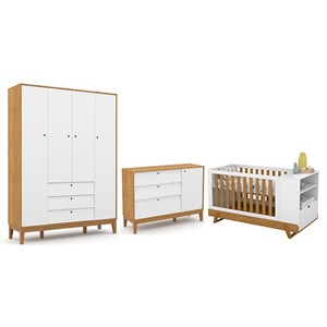 Dormitório Completo Infantil Unique 4 Portas, Cômoda com Porta e Berço Multifuncional BKids Branco Soft/Freijó - Matic Móveis  