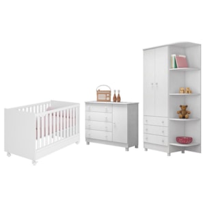 Dormitório Doce Sonho 2 Portas, Cômoda 1 Porta e Berço Mini Cama Branco com Rodízio - Qmovi