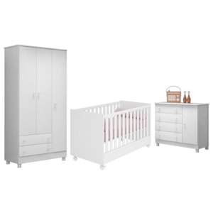 Dormitório Doce Sonho 3 Portas, Cômoda 1 Porta e Berço Mini Cama Branco com Rodízio - Qmovi 