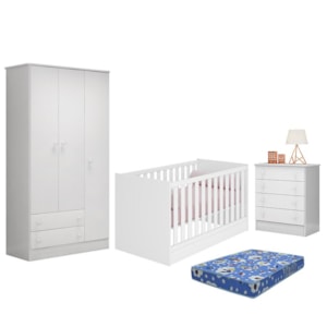 Dormitório Doce Sonho 3 Portas, Cômoda 4 Gavetas e Berço Mini Cama Branco com Colchão - Qmovi