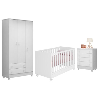 Dormitório Doce Sonho 3 Portas, Cômoda 4 Gavetas e Berço Mini Cama Branco com Rodízio - Qmovi