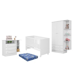 Dormitório Doce Sonho Guarda Roupa, Cômoda e Berço Reto Branco com Colchão Baby Physical - Qmovi  