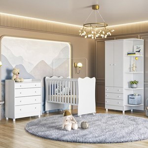 Dormitório Doce Sonho Guarda Roupa, Cômoda Trocador, Berço Branco com Rodízio e Colchão Baby Physical - Qmovi