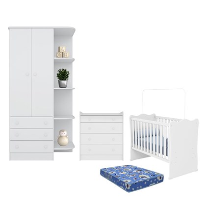 Dormitório Doce Sonho Guarda Roupa, Cômoda Trocador e Berço Branco com Colchão Baby Physical - Qmovi