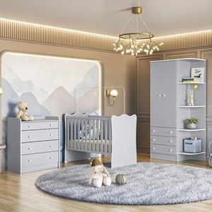 Dormitório Doce Sonho Guarda Roupa, Cômoda Trocador e Berço Cinza Acetinado com Colchão Baby Physical - Qmovi