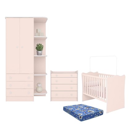 Dormitório Doce Sonho Guarda Roupa, Cômoda Trocador e Berço Rosa Acetinado com Colchão Baby Physical - Qmovi