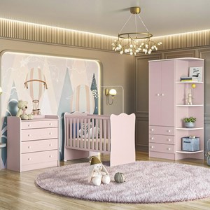Dormitório Doce Sonho Guarda Roupa, Cômoda Trocador e Berço Rosa Acetinado com Colchão Baby Physical - Qmovi