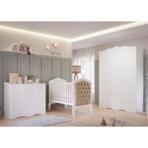 Dormitório Encanto Guarda Roupa, Cômoda e Berço Harmonia Branco com Capitonê e Colchão Physical - Permóbili Baby