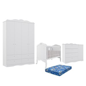 Dormitório Encanto Guarda-Roupa, Cômoda e Berço Harmonia Branco com Colchão Physical - Permóbili Baby