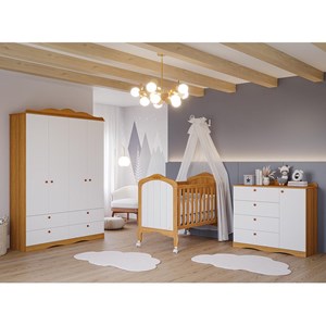 Dormitório Encanto Guarda-Roupa, Cômoda e Berço Harmonia Nature/Branco com Colchão Physical - Permóbili Baby