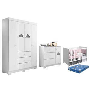 Dormitório Infantil Ane Guarda Roupa, Cômoda e Berço Mel Branco com Colchão Physical - Phoenix Baby  