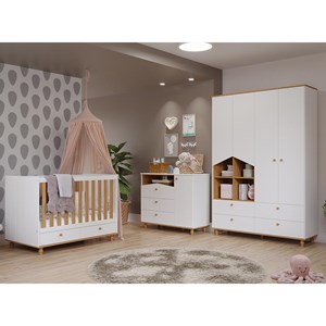 Dormitório Infantil Casinha Guarda Roupa, Cômoda 1 Porta e Berço Candy Branco/Nature - Permóbili Baby