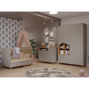 Dormitório Infantil Casinha Guarda Roupa, Cômoda 1 Porta e Berço Candy Fendi/Nature - Permóbili Baby