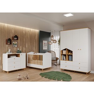 Dormitório Infantil Casinha Guarda Roupa, Cômoda 1 Porta e Berço Mimo Branco/Nature - Permóbili Baby