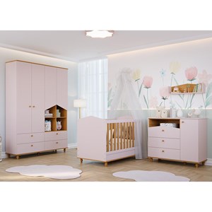 Dormitório Infantil Casinha Guarda Roupa, Cômoda 1 Porta e Berço Mimo Rosê/Nature - Permóbili Baby