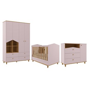 Dormitório Infantil Casinha Guarda Roupa, Cômoda 1 Porta e Berço Mimo Rosê/Nature - Permóbili Baby