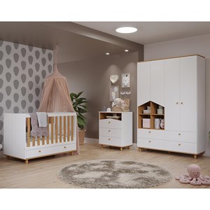 Dormitório Infantil Casinha Guarda Roupa, Cômoda 3 Gavetas e Berço Candy Branco/Nature - Permóbili Baby