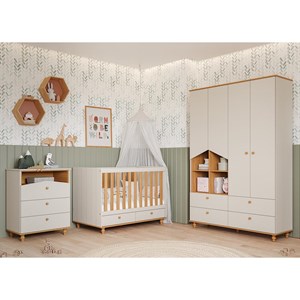 Dormitório Infantil Casinha Guarda Roupa, Cômoda 3 Gavetas e Berço Candy Off White/Nature - Permóbili Baby