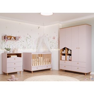 Dormitório Infantil Casinha Guarda Roupa, Cômoda 3 Gavetas e Berço Candy Rosê/Nature - Permóbili Baby