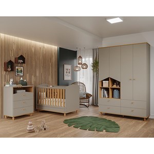 Dormitório Infantil Casinha Guarda Roupa, Cômoda 3 Gavetas e Berço Mimo Fendi/Nature - Permóbili Baby 